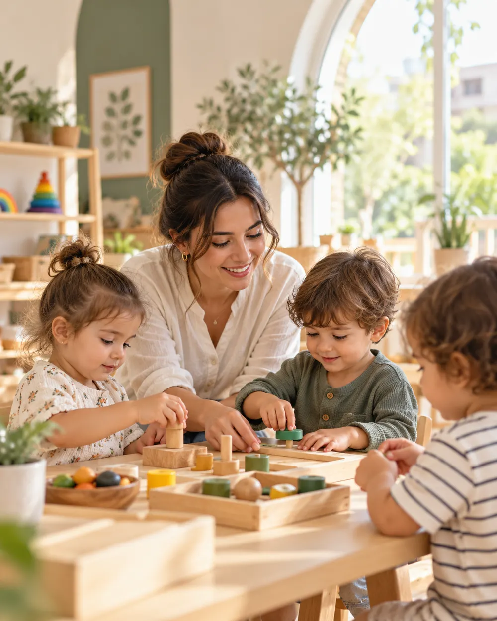 Montessori materyalleriyle çalışan çocuklara eşlik eden öğretmen